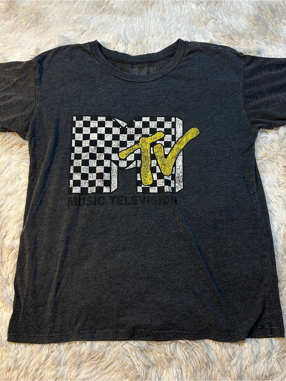 MTV Black Tee with Checkerboard Logo and Yellow MTV Script